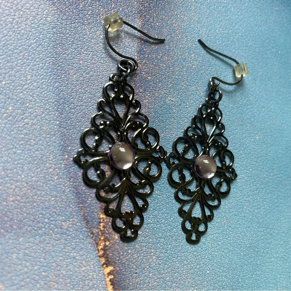 Pewter Filigree Boho Drop Earrings Pink Purple Stone Accent Y2K Dainty‎ Jewelry
